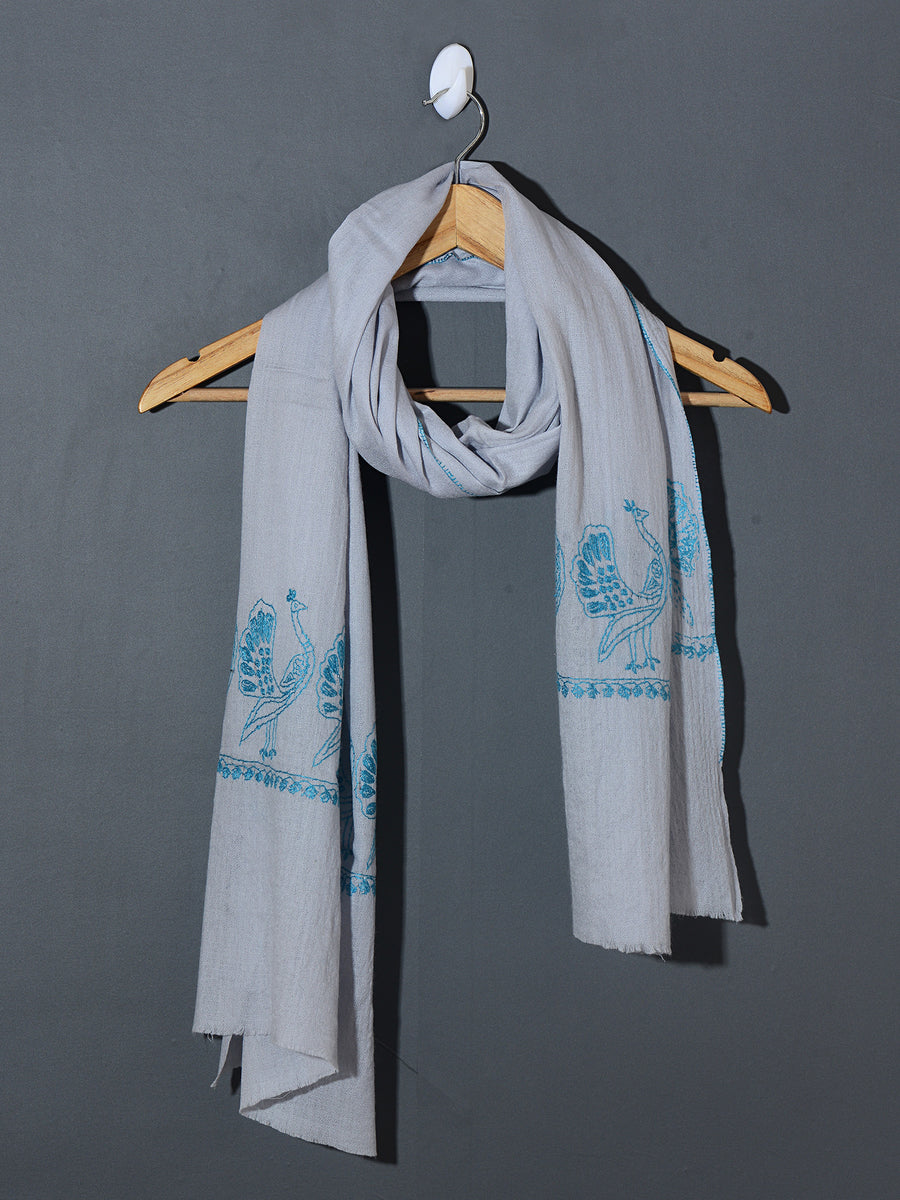 MAYURA, the Peacock Magnificent Hand Embroidered Stole -Powder Blue