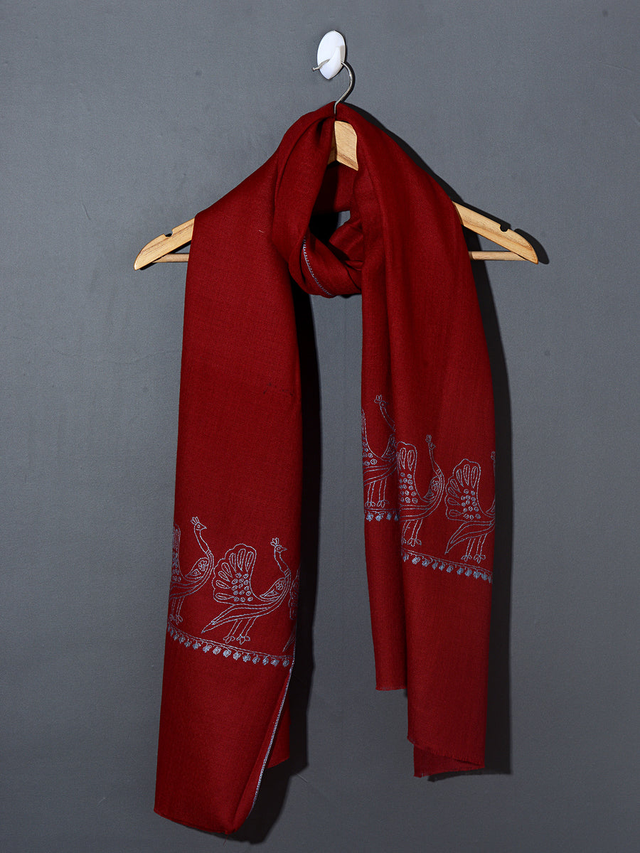 MAYURA, the Peacock Magnificent Hand Embroidered Stole - Cherry Red