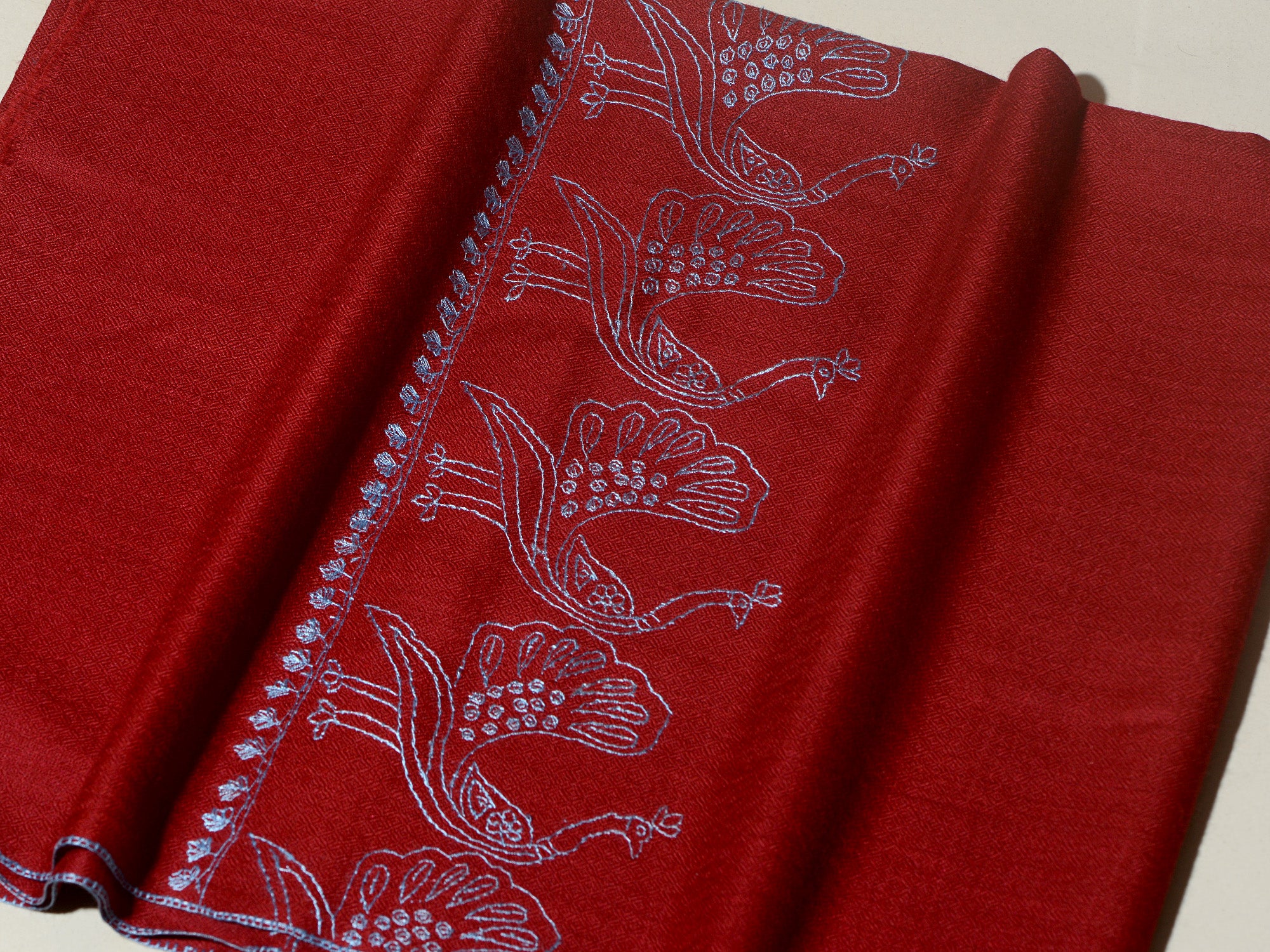 MAYURA, the Peacock Magnificent Hand Embroidered Stole - Cherry Red