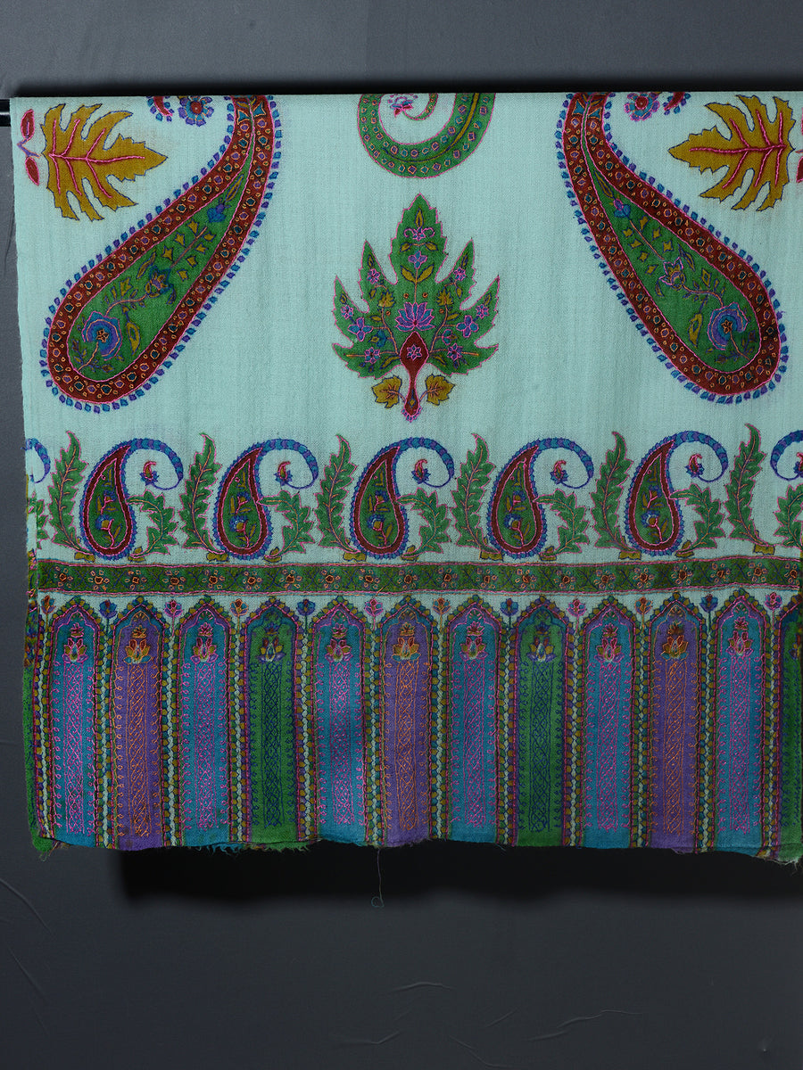 PAISLEY FLORAL Exquisite Kalamkari Kani Stole with Hand embroidery - Sky