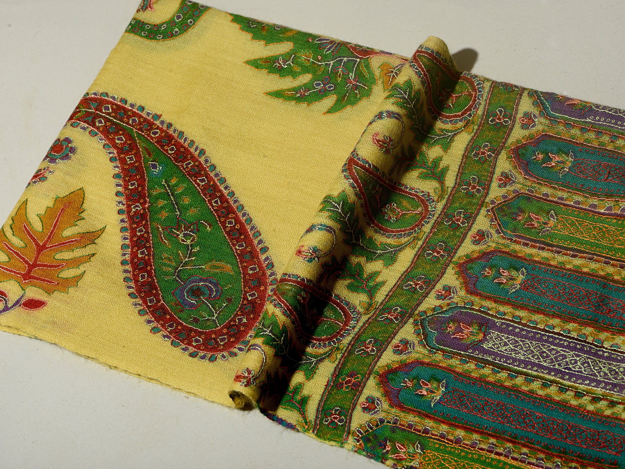 PAISLEY FLORAL Exquisite Kalamkari Kani Stole with Hand embroidery - Buttercup Yellow