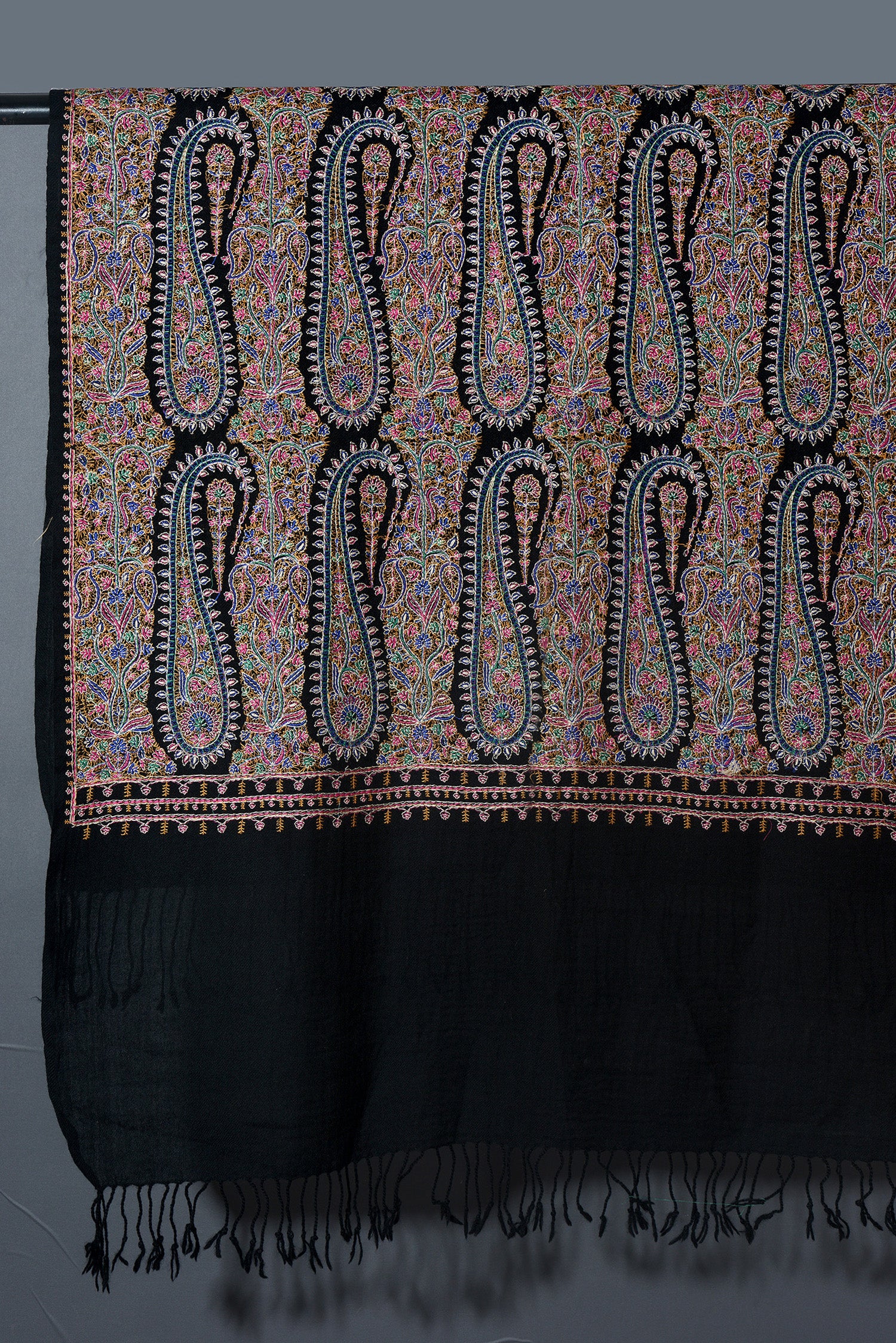 THE PAISLEY BUTA Exquisite Machine Embroidered Stole - Black Beauty with Blue Paisley