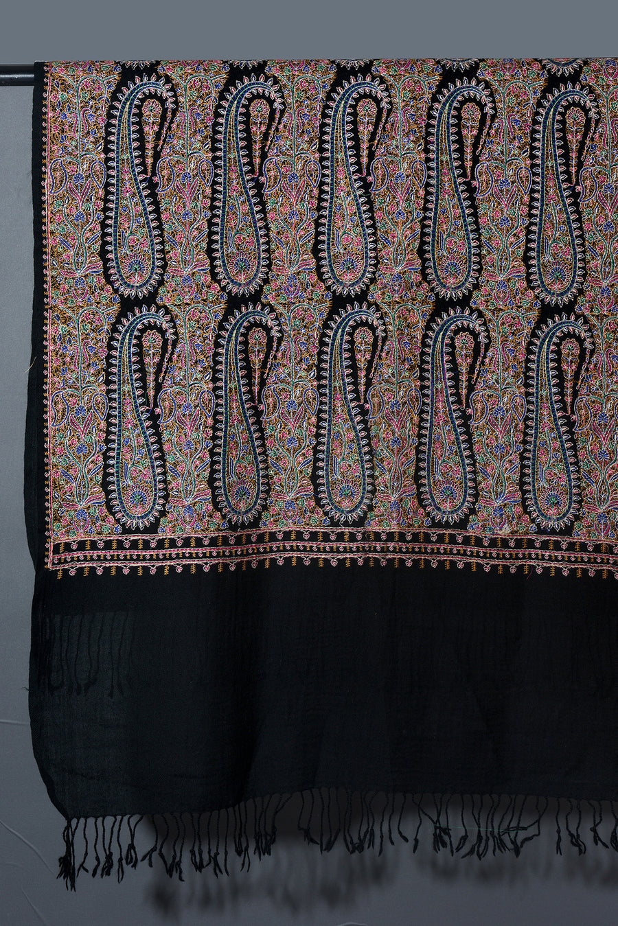 THE PAISLEY BUTA Exquisite Machine Embroidered Stole - Black Beauty with Blue Paisley
