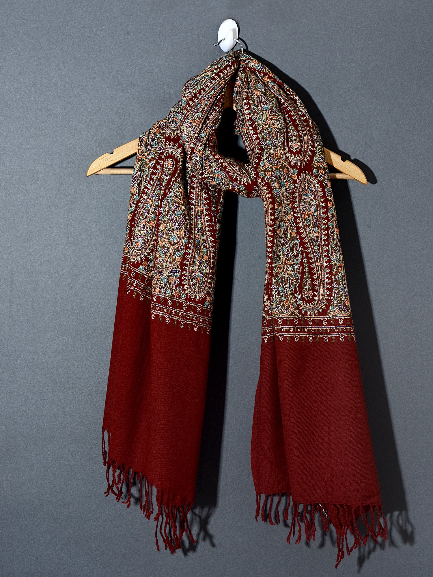 THE PAISLEY BUTA Exquisite Machine Embroidered Stole - Maroon with Multicolor Paisley