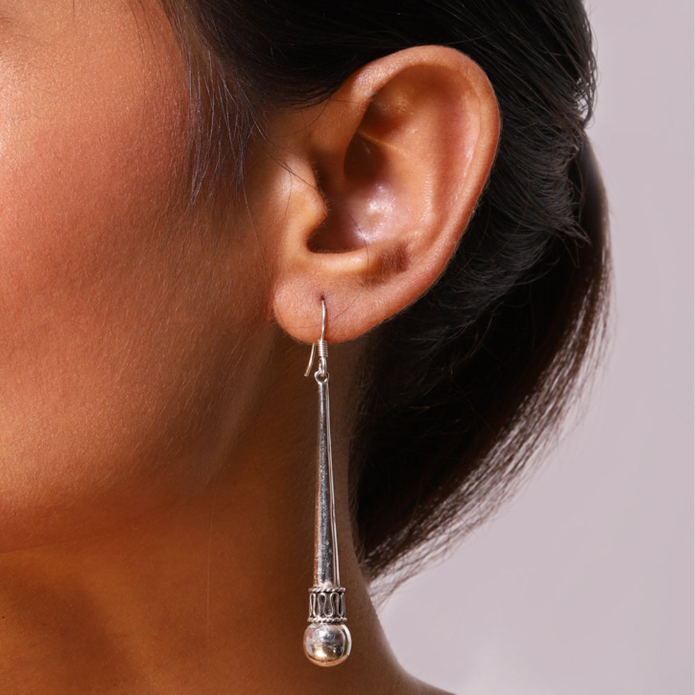 Long Silver Orbed Drop Earrings
