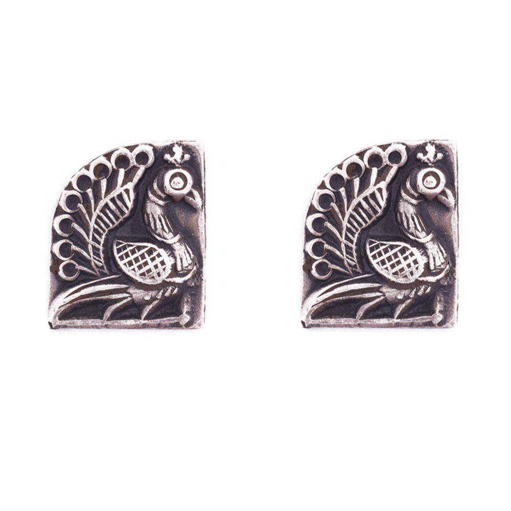 Engraved Peacock Silver Stud Earrings